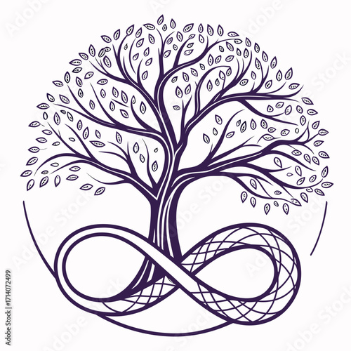 Stylized purple tree of life with intricate branches and leaves intertwined with an infinity symbol representing eternity and interconnectedness