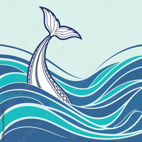 Stylized white whale with intricate patterns breaching the surface of stylized blue and turquoise ocean waves under a pale blue sky