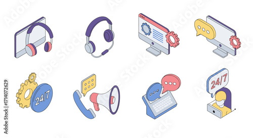 Isometric customer support icons featuring headphones, chat, and 24/7 service gear