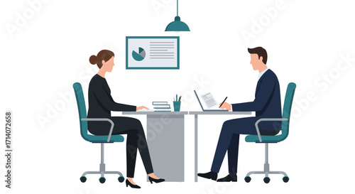 Business meeting in office setting with two professionals working at desk
