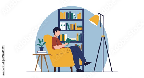 Cozy reading nook with armchair, bookshelf, and floor lamp in flat design