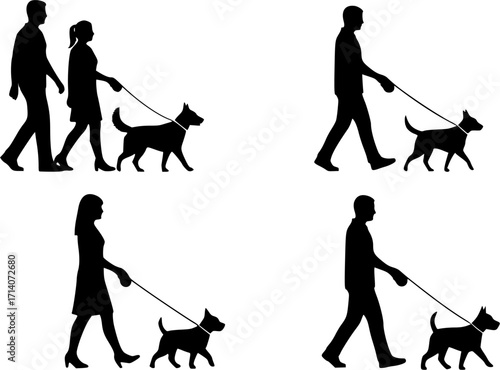 People walking dog silhouettes, Man and woman walk with dog silhouette, Man walking dog silhouette, Woman walking dog silhouette, Walking dog silhouette