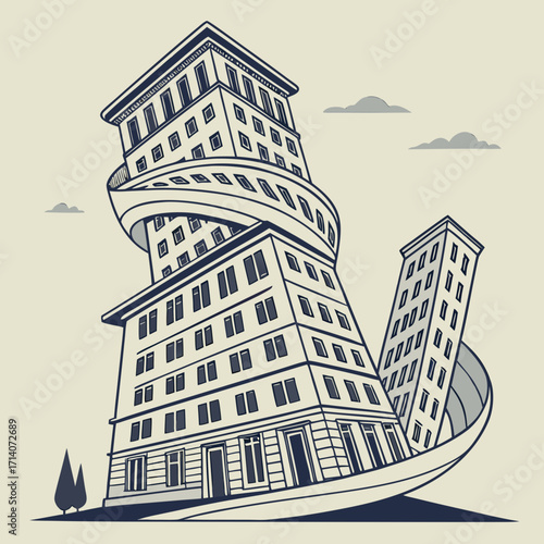 Surreal architectural illustration of two twisting and bending buildings in a city with a curved ribbon element and stylized clouds above