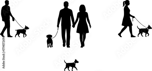 People walking dog silhouettes, Man and woman walk with dog silhouette, Man walking dog silhouette, Woman walking dog silhouette, Walking dog silhouette
