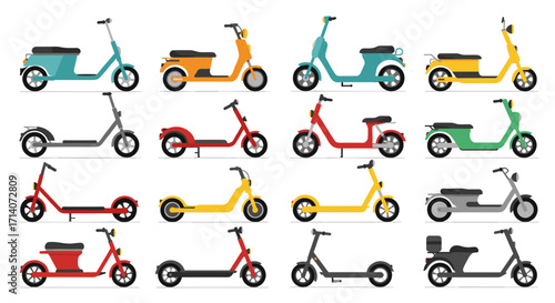 Colorful set of modern electric scooters in flat design
