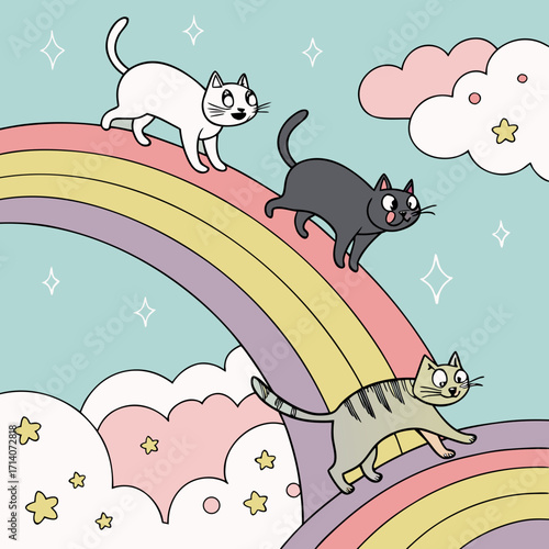 Three adorable cartoon cats one white one grey and one tabby playfully walking on a pastel rainbow with fluffy clouds and sparkling stars in a light blue sky