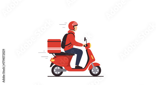 Delivery rider on a red scooter with parcel box in motion