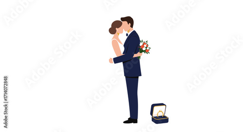 Minimalist wedding couple embrace with ring box and bouquet in flat style