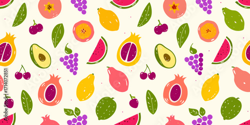 Vibrant hand drawn fruit pattern with pomegranates watermelon grapes avocado cherries and papaya