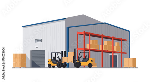 Modern warehouse with forklifts and shelves storing boxes in industrial logistics setting