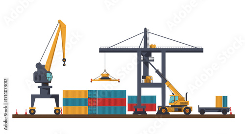 Modern port cranes and cargo containers in flat style for industrial themes