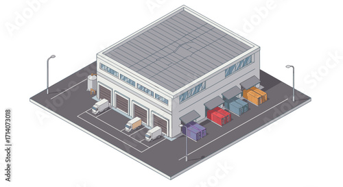 Isometric warehouse with trucks and containers on a city street