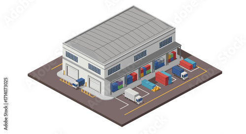 Isometric warehouse with trucks and cargo containers