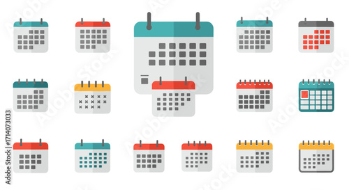 Diverse calendar icon set with flat design in various styles and colors