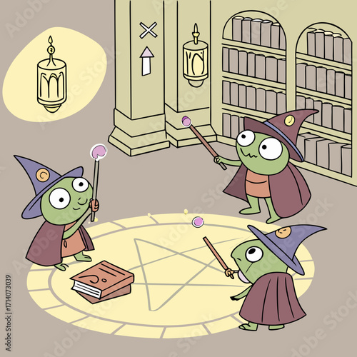 Three cute cartoon frogs dressed as wizards practicing magic with wands and a spell book in a library setting