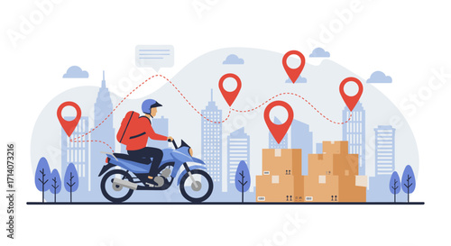 City package delivery with courier on motorbike and tracking pins