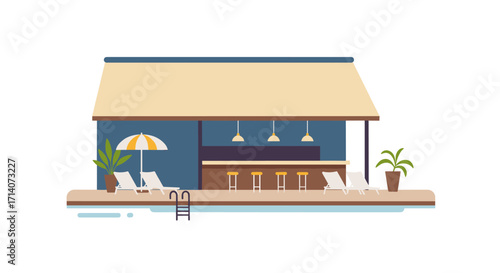 Tropical poolside bar with lounge chairs and umbrella in minimalist design