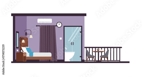 Cozy modern hotel room with balcony and minimalist interior design