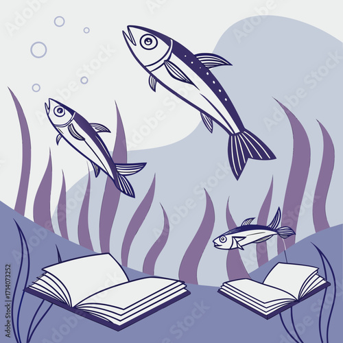 Three stylized fish swim through purple seaweed and bubbles above open books submerged underwater in a whimsical illustration