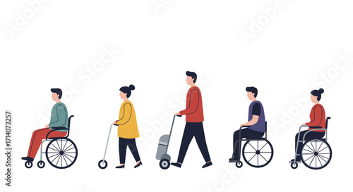 Diverse people with mobility aids in modern flat art style