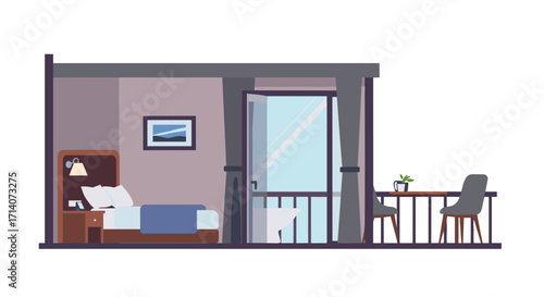 Modern hotel room interior with balcony and city view