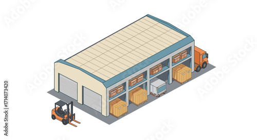 Isometric warehouse with forklift and trucks unloading cargo boxes