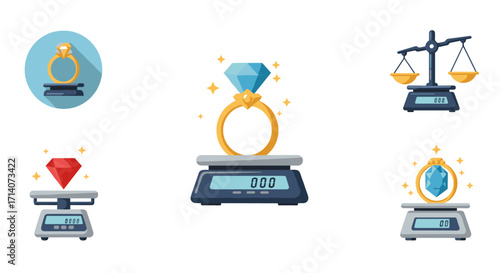 Jewelry weight measurement set with scales and gems in flat design