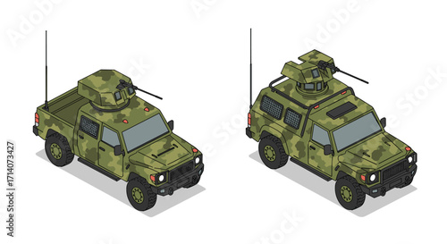 Isometric military vehicles with camouflage design in two angles