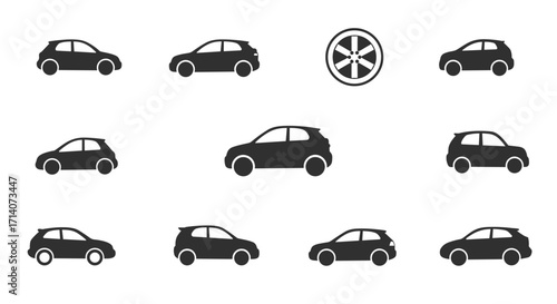 Minimalist car silhouette collection with tire icon on white background