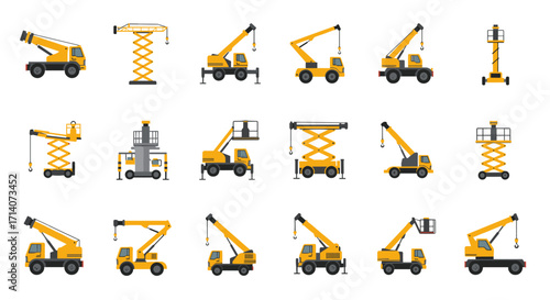 Construction machinery icons set featuring cranes and lifts in flat design on white background