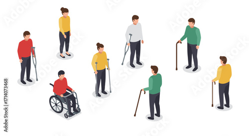 Diverse group of people with mobility aids in isometric style