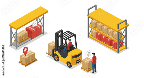 Isometric warehouse scene with forklift, worker, and shelving units
