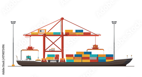 Container ship at seaport with cranes and cargo in flat design