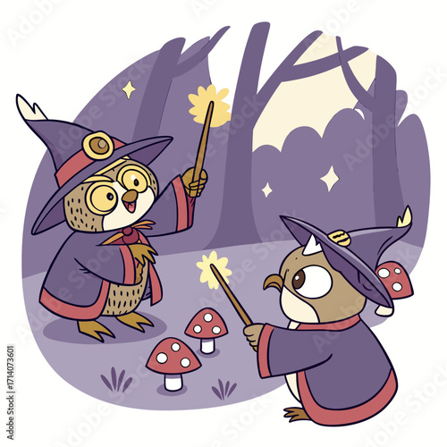 Two adorable cartoon owls dressed as wizards casting magic spells with wands in a whimsical forest at night