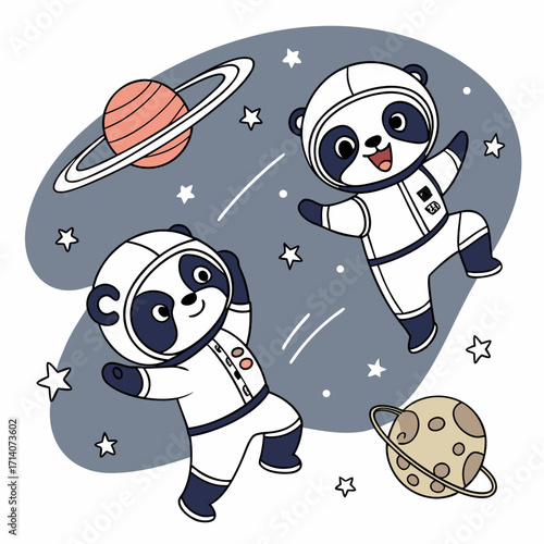 Two adorable cartoon pandas wearing astronaut suits floating happily in outer space among stars and planets