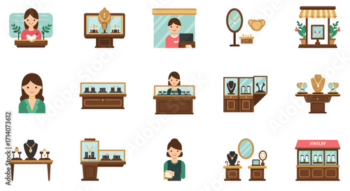Charming jewelry storefront and display elements in flat style