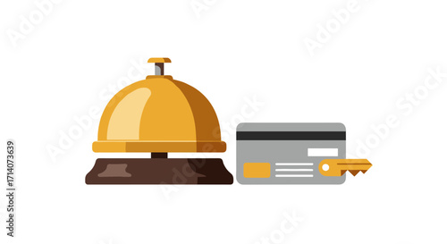 Hotel reception icons: bell, key card, and key on white background