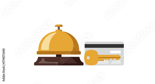 Hotel service bell with keycard and key on white background