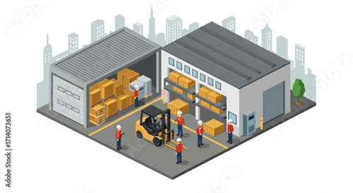 Warehouse logistics with workers and forklift in isometric urban setting
