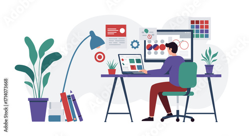 Home office workspace with designer creating digital art on computer