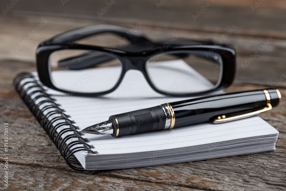 Fototapeta premium Black eyeglasses, pen, and notebook on rustic wood