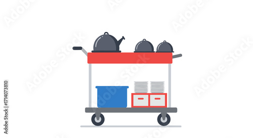 Hotel room service cart with dishes and containers in flat design