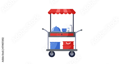 Food vendor cart with supplies on wheels and red canopy