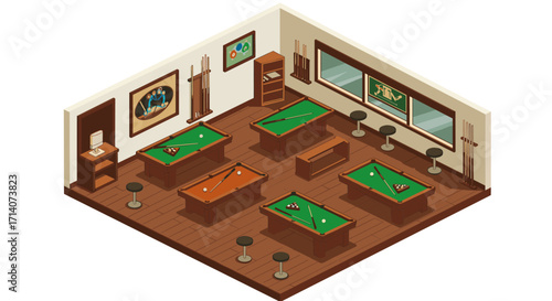 Isometric billiard room with pool tables and bar stools