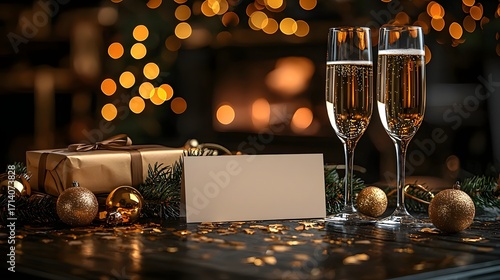 Festive New Year s Eve table setting with champagne gift and blank card