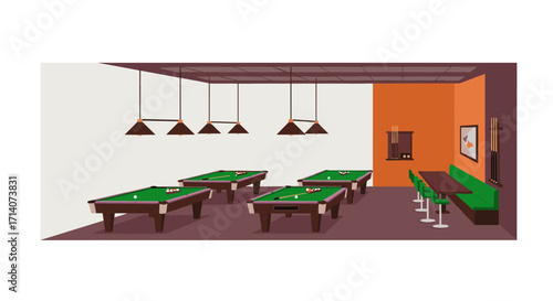Modern billiard room with pool tables and stylish seating arrangement