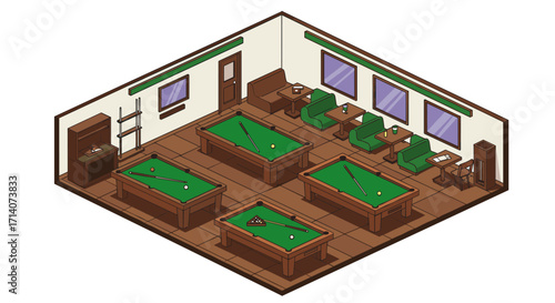 Isometric pool hall with billiard tables and cues in green interior setting