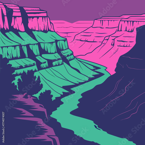 Vibrant abstract illustration of a winding river flowing through a stylized canyon with bold pink and green rock formations under a purple sky