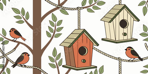 Create a realistic digital illustration featuring a variety of birdhouses and birds arranged in a visually pleasing layout. Include different styles of birdhouses—some hanging, some mounted on poles o