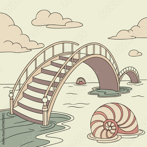Whimsical arched bridges gracefully span calm waters with a giant nautilus shell and fluffy clouds in a serene stylized landscape